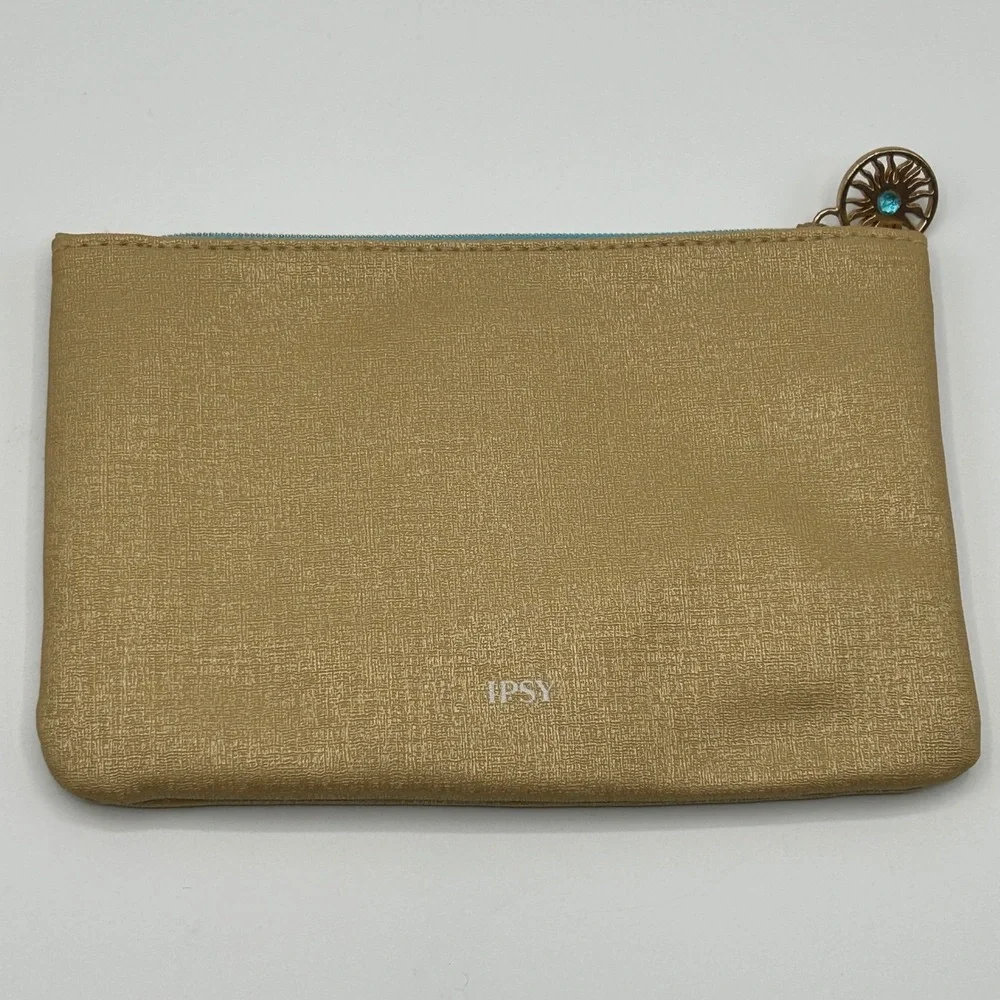 IPSY Stay Golden Cosmetic Makeup Pouch Gold Turquoise Sun Zipper Charm Travel